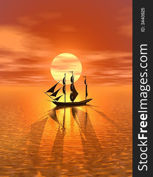 Small boat and  sunset  sky - 3d landscape scene .