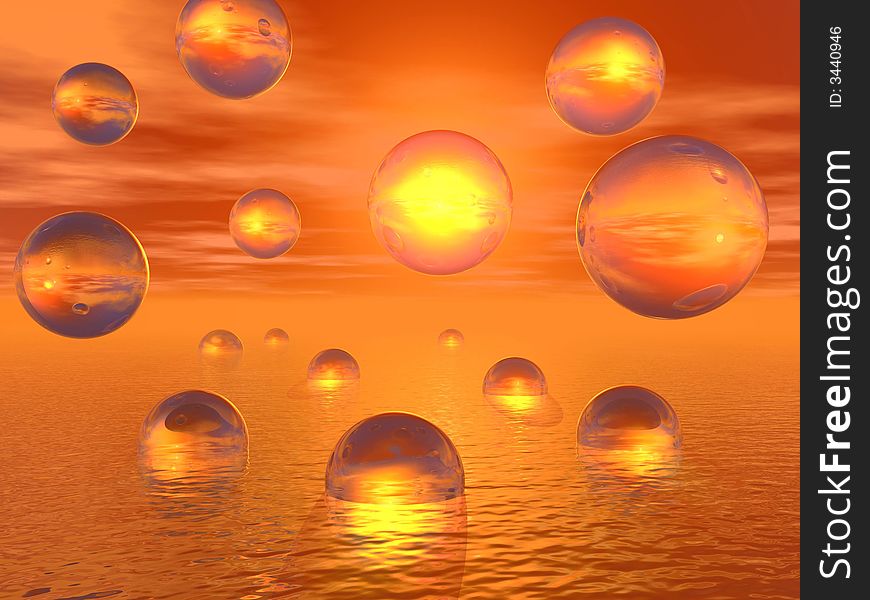 Rising water balls on a sunset sky background - digital artwork.