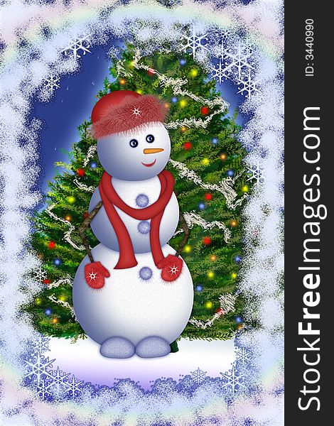 Snowman on a winter background with snow