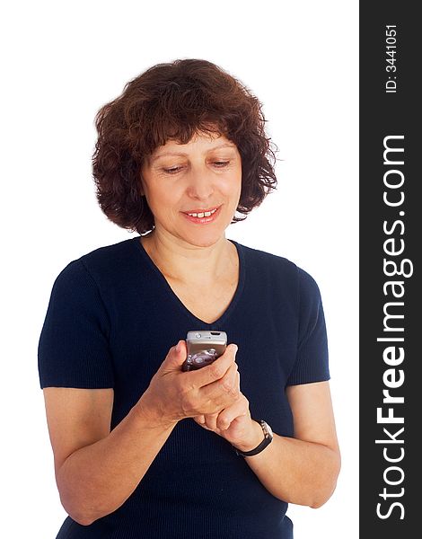 Older woman holding mobilephone isolated. Older woman holding mobilephone isolated