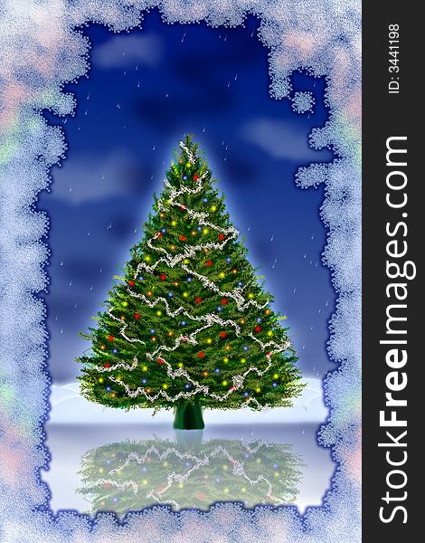 Christmas fur-tree on a winter background in a frame from snow