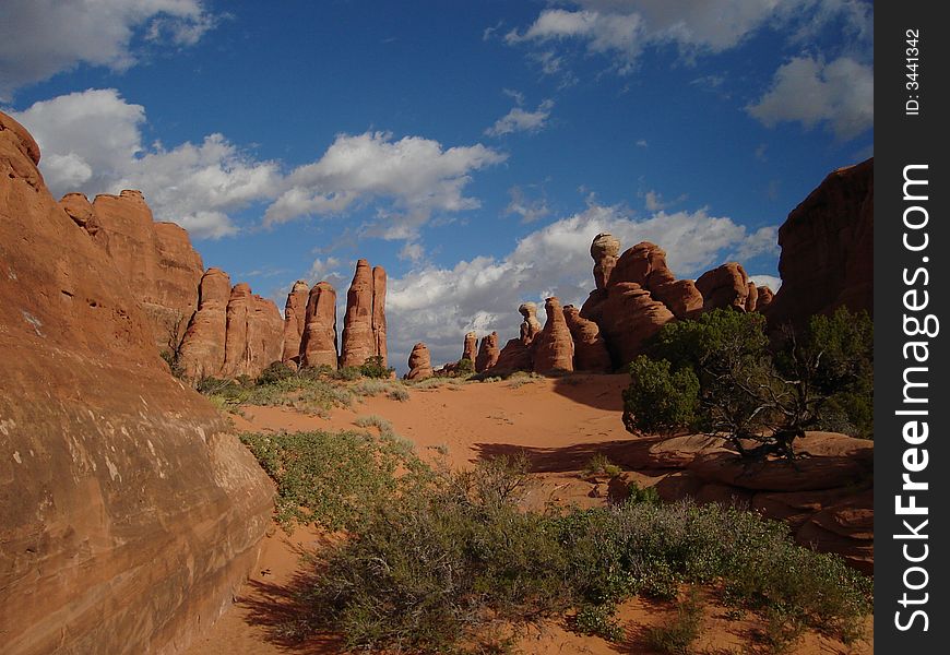 Tower Arch is the hidden natural arch in  Klondike Bluffs area in Arches National Park