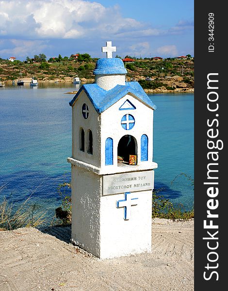 Little blue white church in greece. Little blue white church in greece