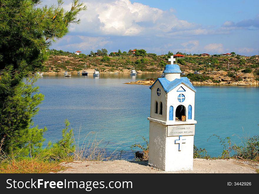 Little blue white church in greece. Little blue white church in greece