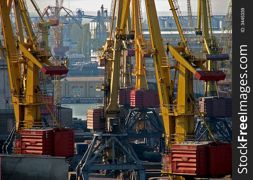 Lifting cranes in Odessa cargo port. Ukraine.