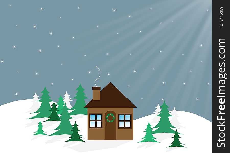 Graphic illustration of house with christmas wreath and christmas trees against a snowy background. Graphic illustration of house with christmas wreath and christmas trees against a snowy background.