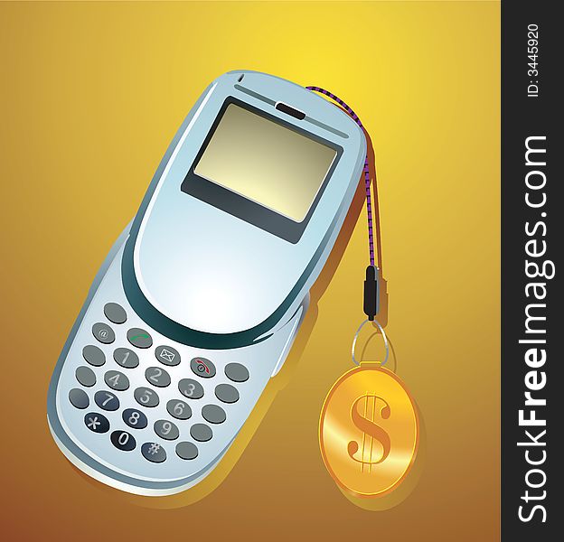 A stringed mobile phone with goldendollar emblem chain. A stringed mobile phone with goldendollar emblem chain