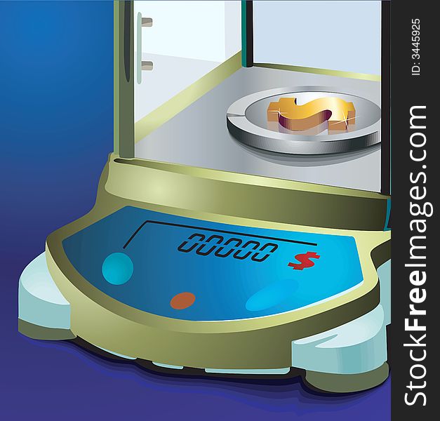 An electronic weighing machine with a cabin and golden dollar. An electronic weighing machine with a cabin and golden dollar