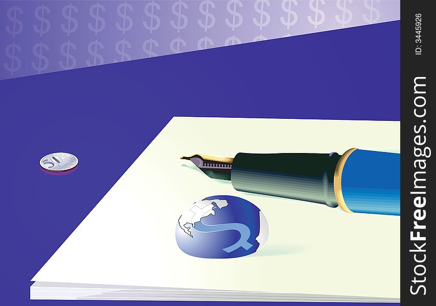 A fountain pen and  paper weight with dollar signs on paper. A fountain pen and  paper weight with dollar signs on paper
