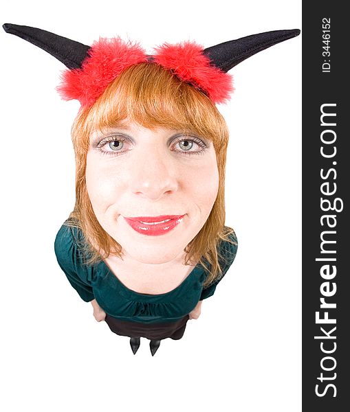 Woman with devil horns and red fleece is looking into the cam. Higher viewpoint, taken with a Fisheye. Isolated on white. Woman with devil horns and red fleece is looking into the cam. Higher viewpoint, taken with a Fisheye. Isolated on white.