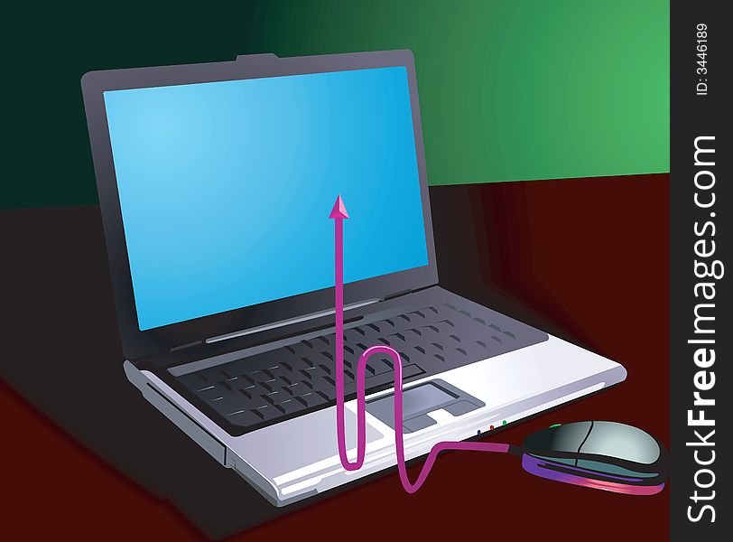 Laptop placed near to a mouse having arrow shaped antenna. Laptop placed near to a mouse having arrow shaped antenna