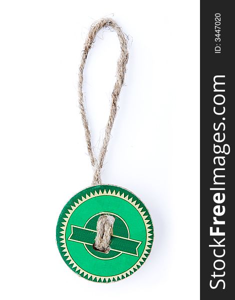 Circle green  blank on rope over white background