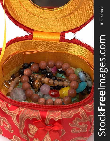 Assorted bead jewelry on a jewelry container. Assorted bead jewelry on a jewelry container