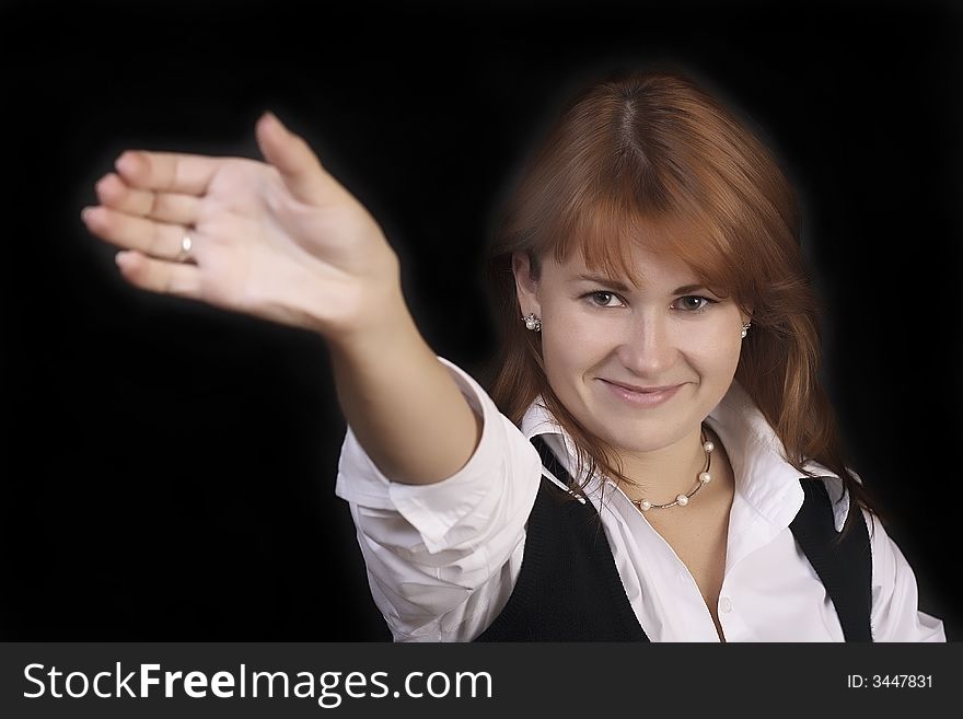 Business attitude. Beautiful business woman show her hand without card