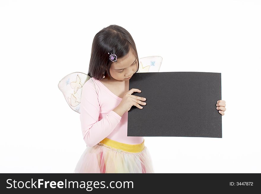 A girl holding a blank placard over a white background. A girl holding a blank placard over a white background