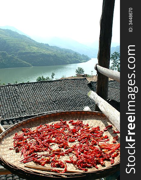 Red capsicums on the roof.Shaanxi,China.