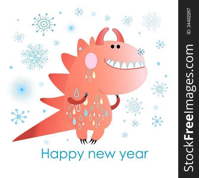 Festive Christmas card with a red monster on a white background with snowflakes. Festive Christmas card with a red monster on a white background with snowflakes