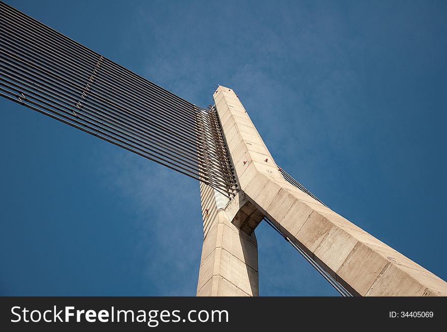 The upper part of the cable-stayed bridge