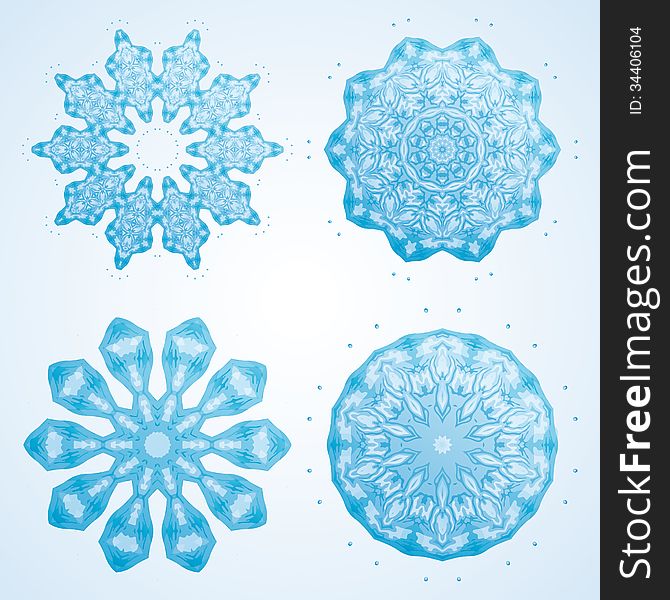 Set of four abstract snowflakes blue-white color