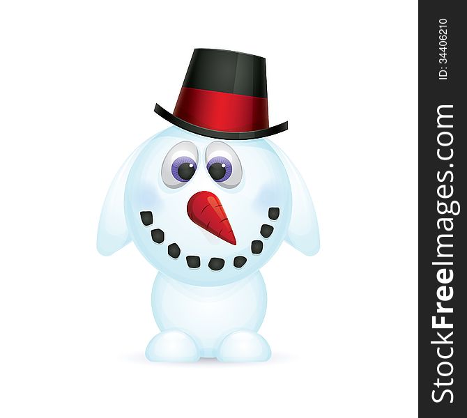 Snowman with big head in a black hat and a carrot nose