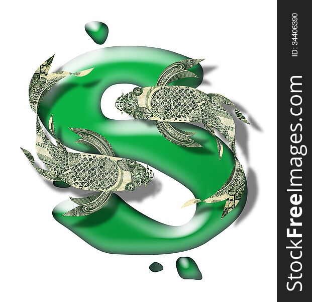 Stylized butterfly koi fish swimming over a green puddle dollar sign. Stylized butterfly koi fish swimming over a green puddle dollar sign