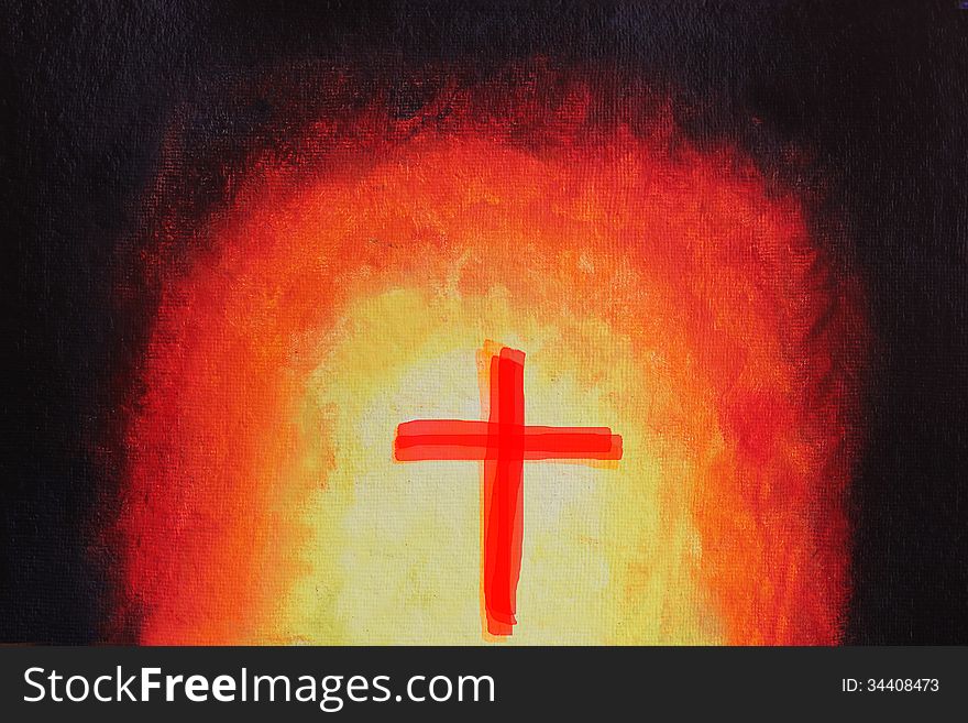 Beautiful abstract acrylic painting with holy cross. The artwork consists religious christian symbol of holy cross in red color against a background of emerging bright light