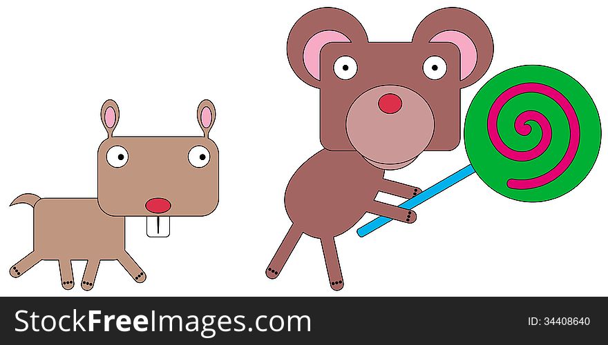 A gopher trying to catch a bear running away with a lollipop. A gopher trying to catch a bear running away with a lollipop