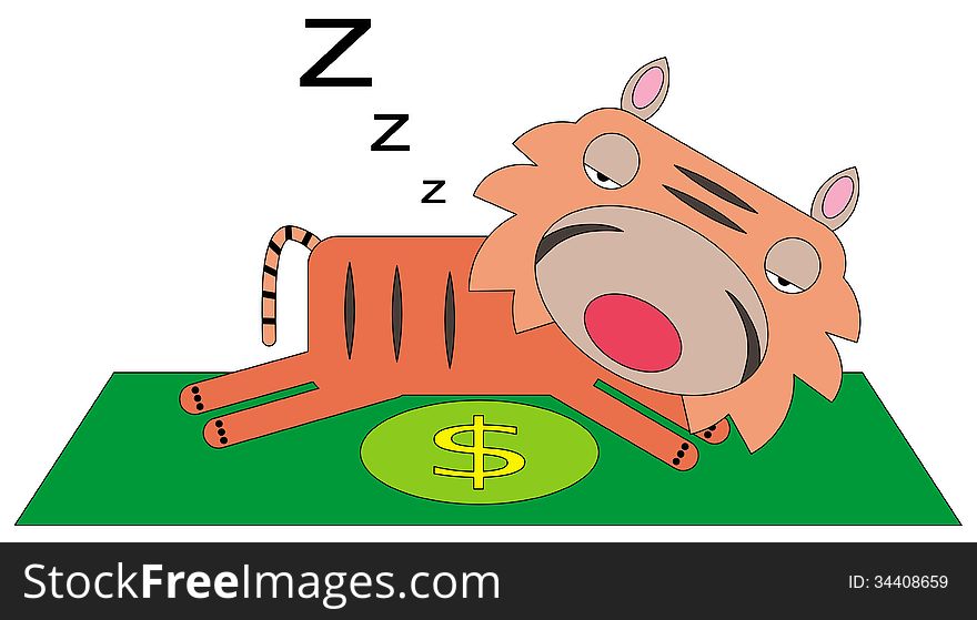 A tiger sleeping on a giant dollar bill. A tiger sleeping on a giant dollar bill