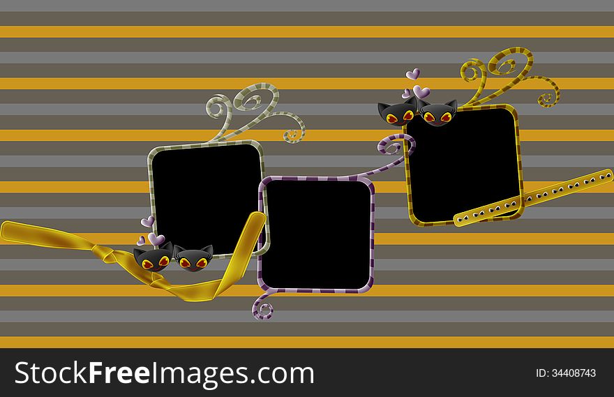Orange grey purple swirls lines frame design with cats face ornaments, bow, ribbons, and stripes background. Orange grey purple swirls lines frame design with cats face ornaments, bow, ribbons, and stripes background.