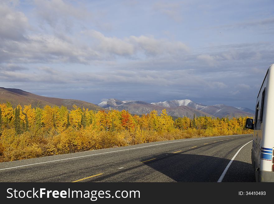 Fall Motor Home Travel in Yukon Canada along the Alaska Highway.