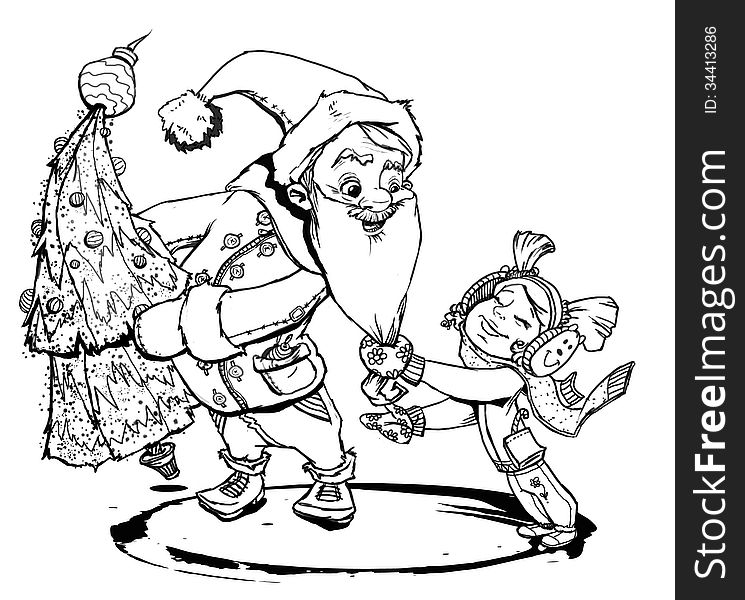 A little pony tail girl dressed for winter is pulling santa beard that is holding a tree that she wants. A little pony tail girl dressed for winter is pulling santa beard that is holding a tree that she wants