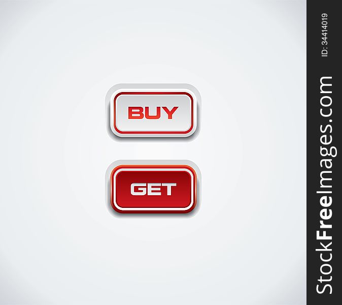 Modern buy and get push buttons, red and white