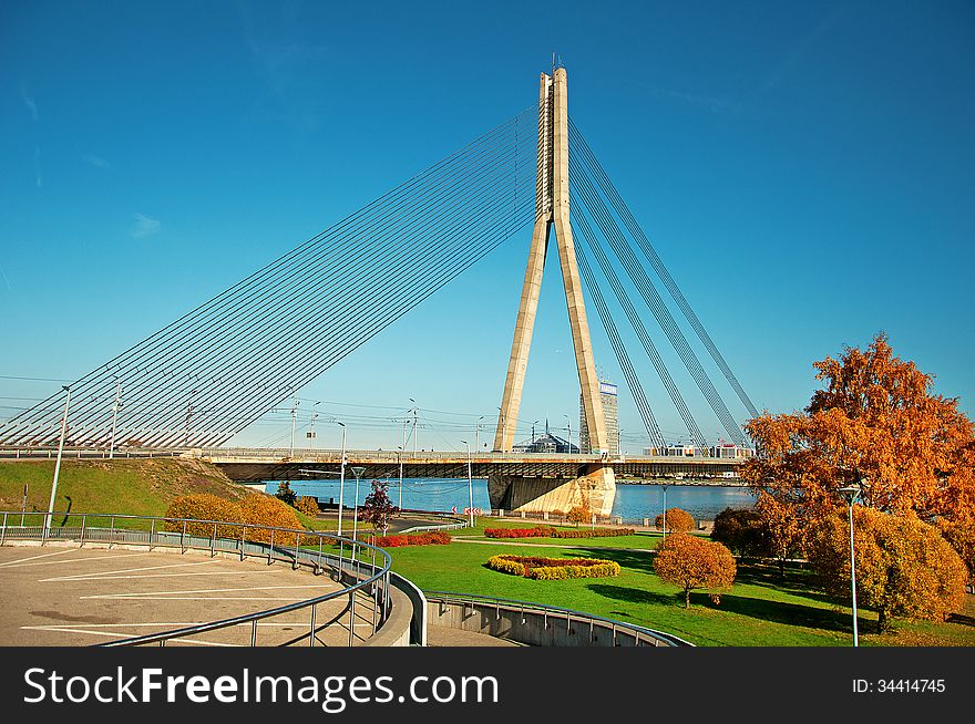 Panorama of Riga with the cable-stayed bridge in Riga