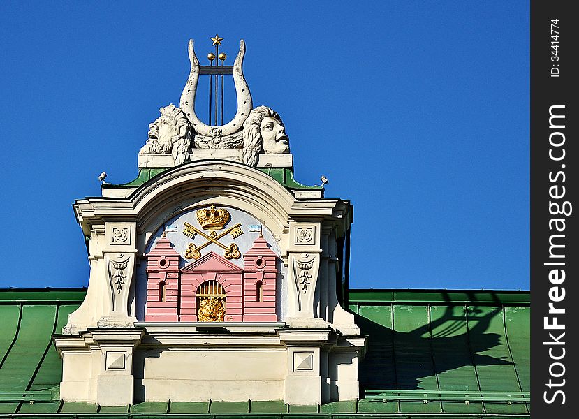 Coat of arms of Latvia, theatrical characters on the roof of the National Theatre, Riga, Latvia. Coat of arms of Latvia, theatrical characters on the roof of the National Theatre, Riga, Latvia