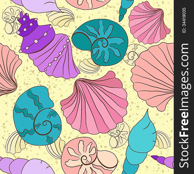 Vector seamless pattern with colored shells