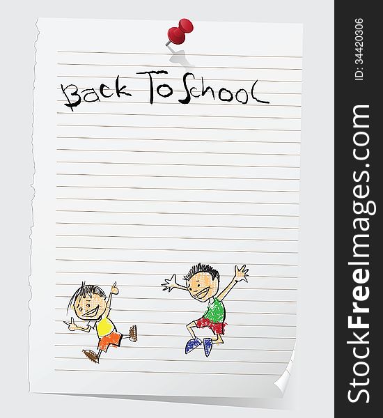 Cute cartoon on notepad with a note that reads Back To School and a pin.Vector file.