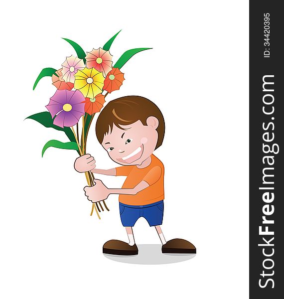 Cartoon boy with flowers isolated on white background.Vector file. Cartoon boy with flowers isolated on white background.Vector file.