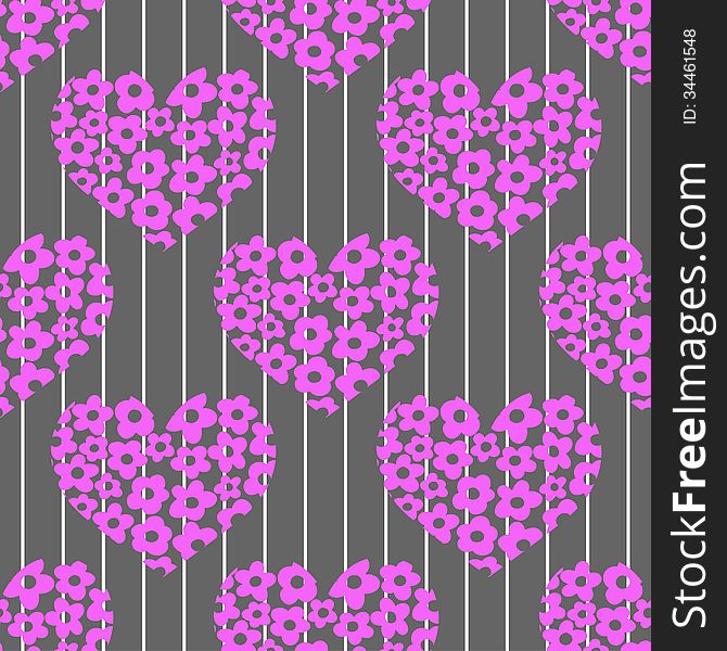 Seamless pattern with bright pink hearts on a stri