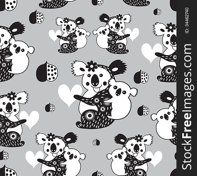 Graphic seamless pattern with funny koalas on a gray background. Graphic seamless pattern with funny koalas on a gray background