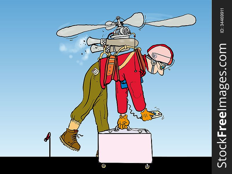 Man with flying machine and suitcase taking off. Man with flying machine and suitcase taking off