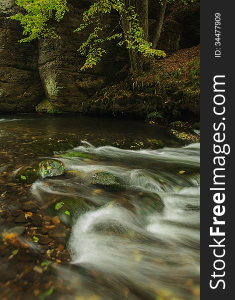 Long exposure of autumn stream with colorful leaves. Photo was taken in national park Bohemian Switzerland near the ruins of Dolsky Mill.