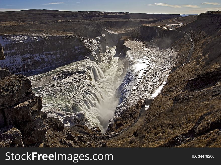 Panorama Of The Golden Falls Falling Into The Chasm, Gullfoss Waterfall, Iceland.