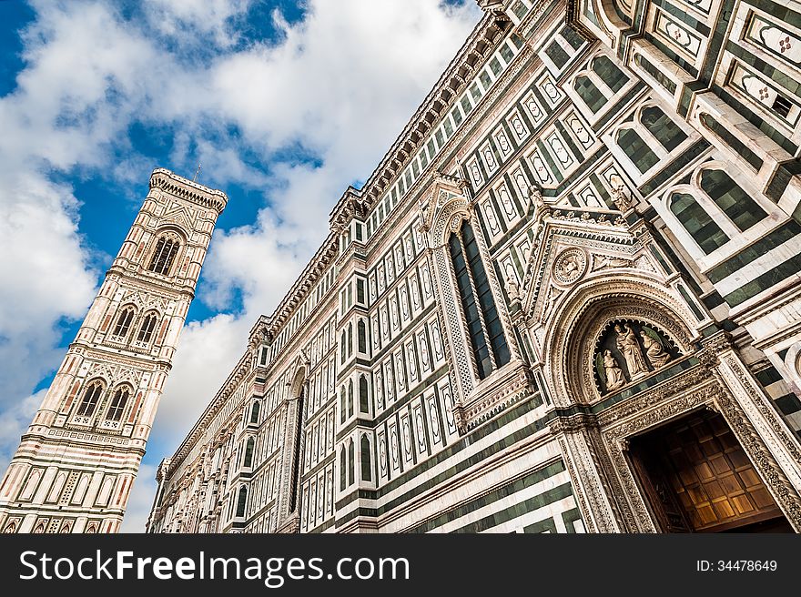 Detail of the gothic cathedral of Florence in Italy or Basilica of Saint Mary of flower by Filippo Brunelleschi architect