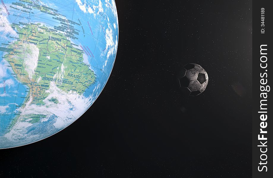 Football circling earth in space. Football circling earth in space