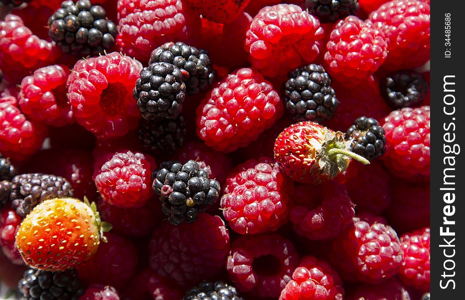 Different forest fruits close up: wild berries strawberries and raspberries
