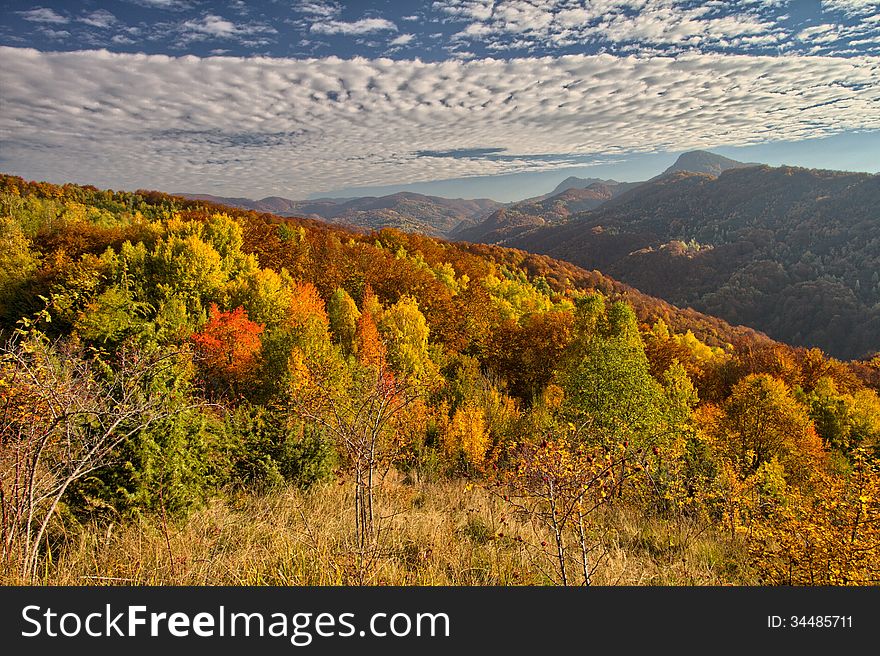 Colorful fall landscape at countryside with mountains in background. Colorful fall landscape at countryside with mountains in background