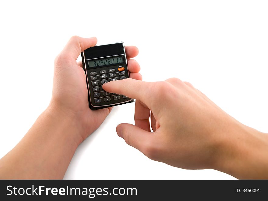 Calculator in hands, isolated white. Calculator in hands, isolated white
