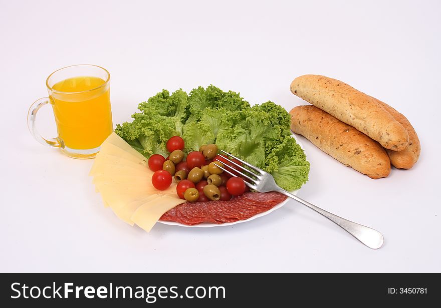 Healthly dinner  with juice on the white background