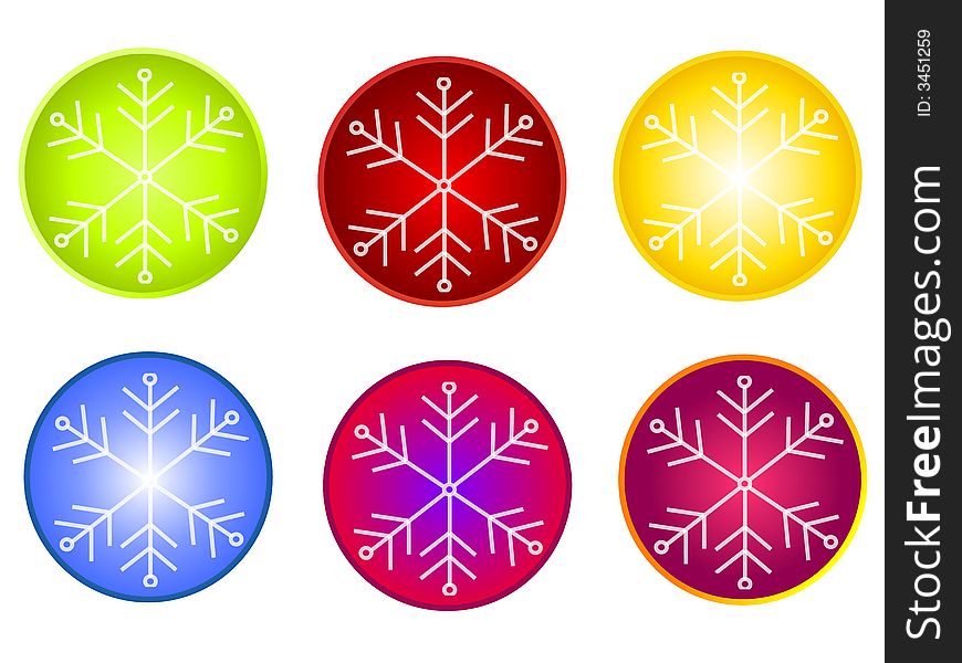 A clip art illustration of your choice of 6 circular icons featuring snowflakes and bright colors. A clip art illustration of your choice of 6 circular icons featuring snowflakes and bright colors