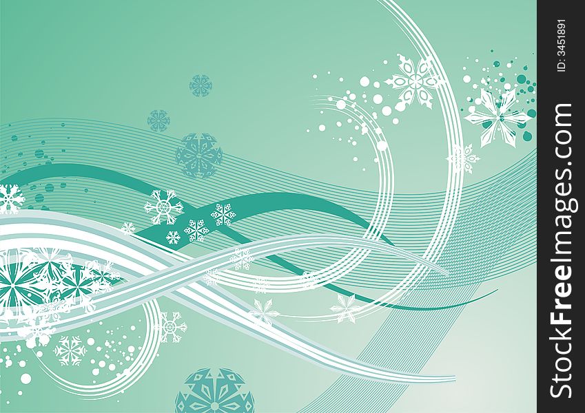 Abstract winter background with snowflakes and waves,  illustration in green and white colors.